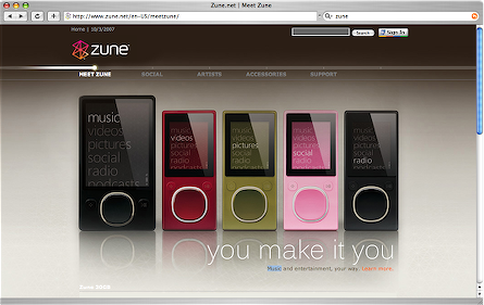 Close-up of the zune.net homepage